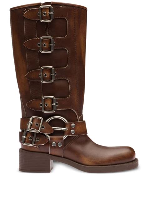 miu miu brown leather boots|miu buckle boots.